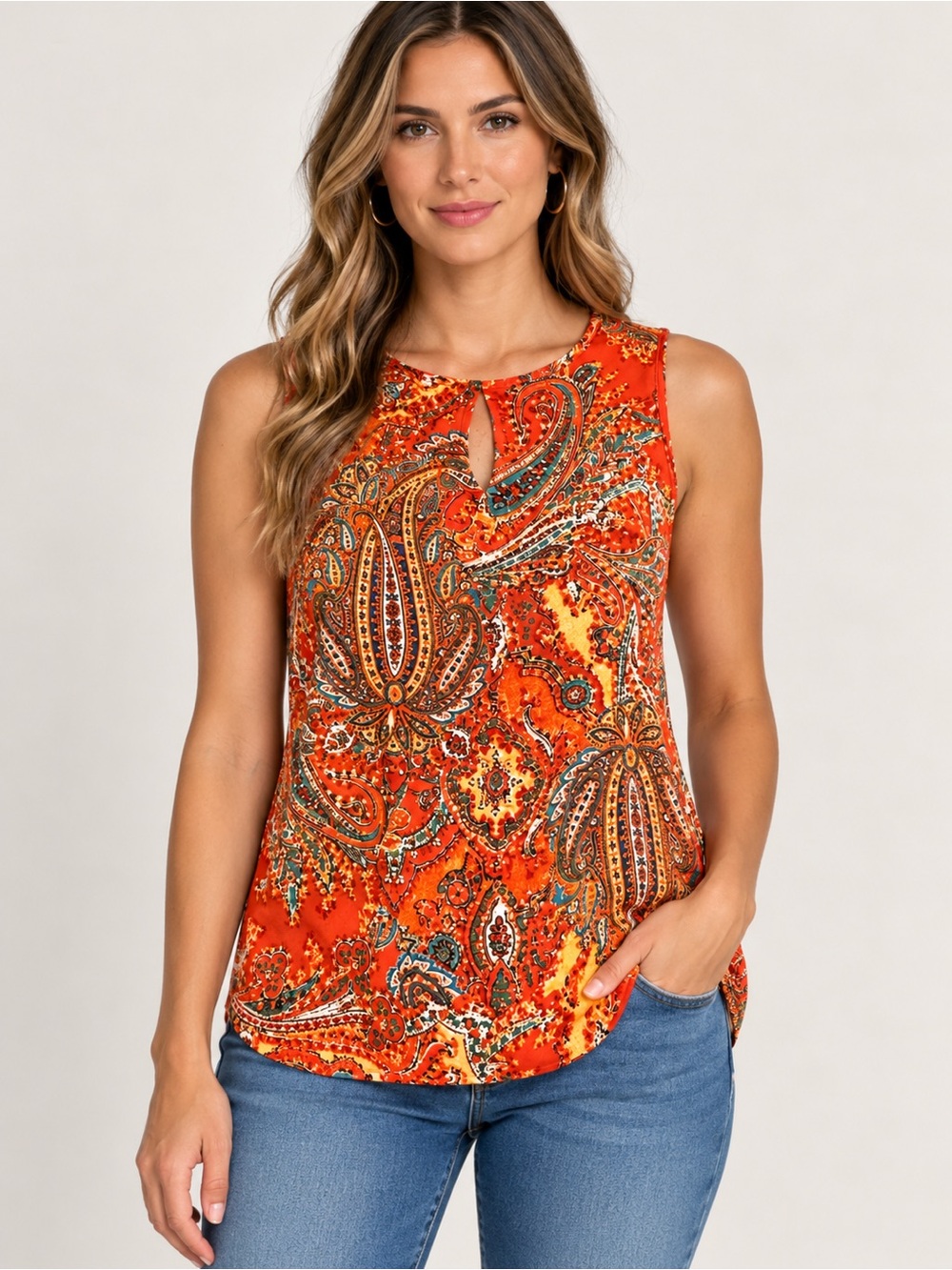 Lauren Ralph Lauren Orange Paisley Keyhole Pull Over Tank Blouse Size Petite L